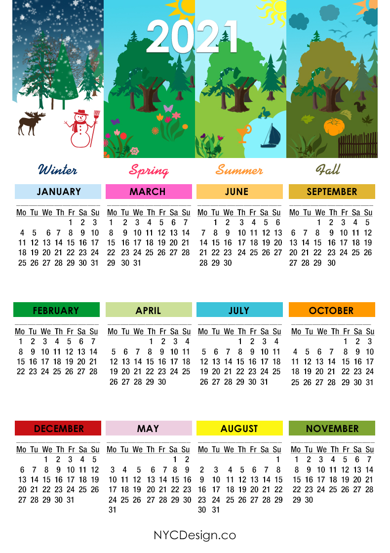 2021 Calendar Printable Free, 4 Seasons Calendar Monday