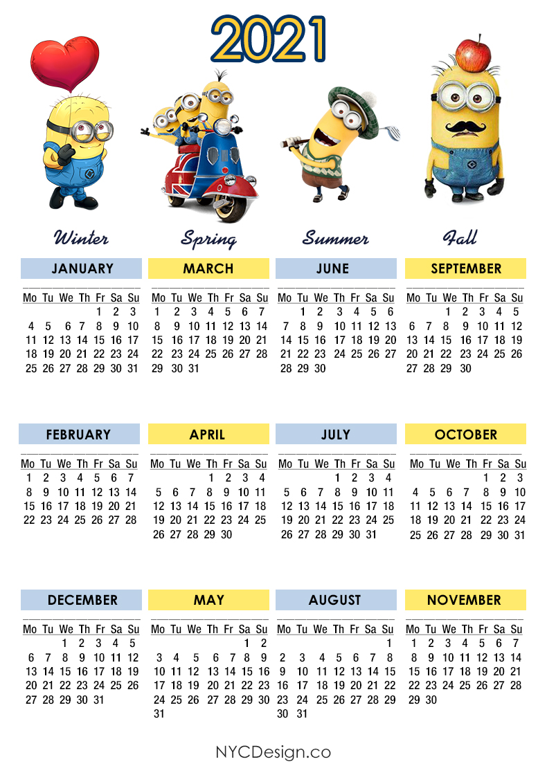2021 Calendar Printable Free, Minions Calendar Monday Start
