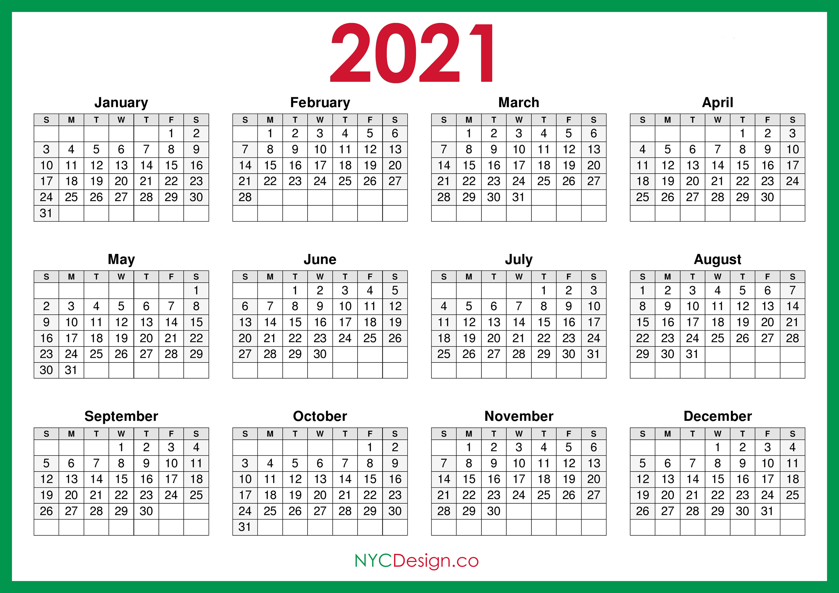 2021 Calendar Printable Free, Horizontal, Green, HD ...