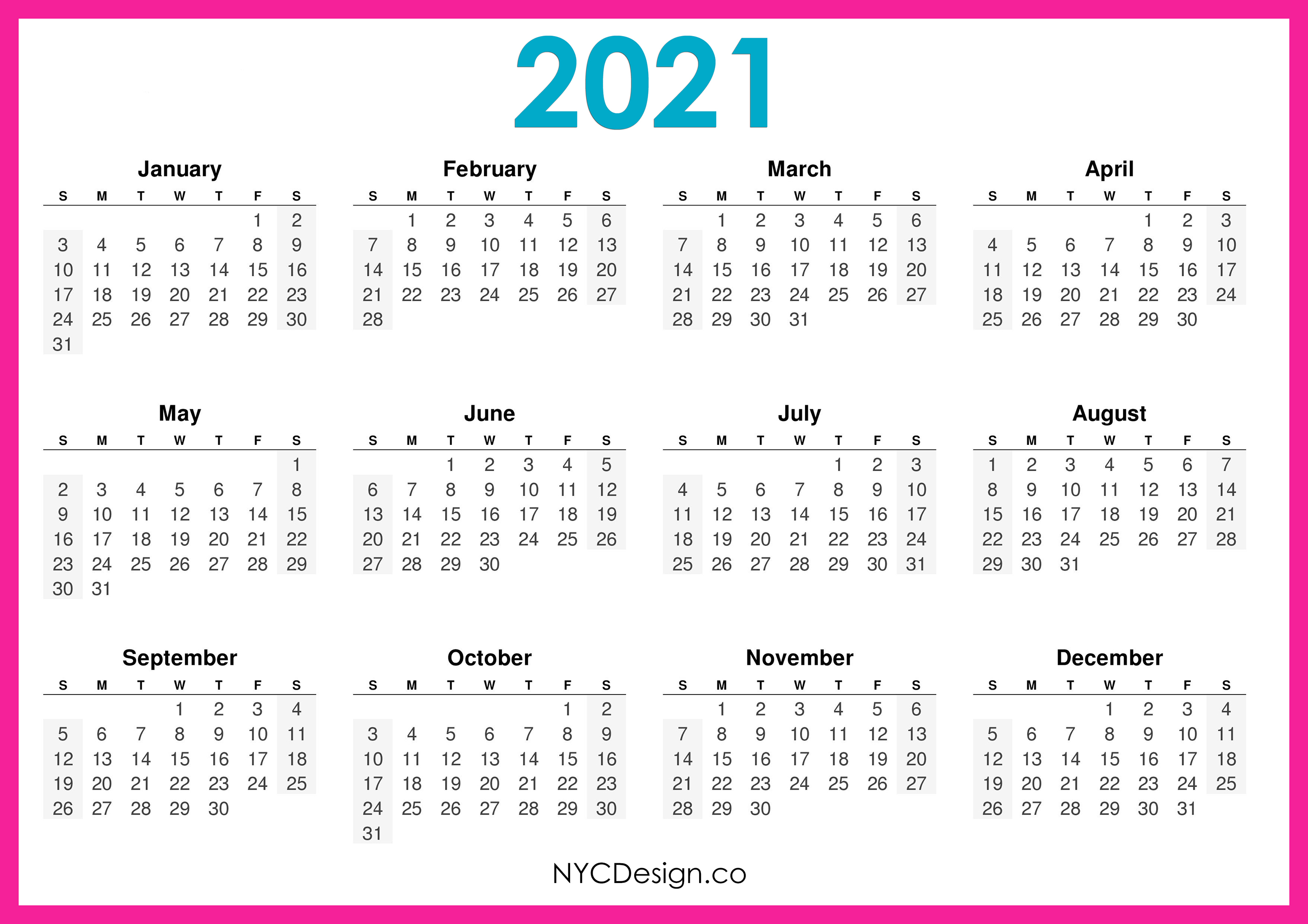 2021 Calendar Printable Free, Horizontal, Pink, HD ...