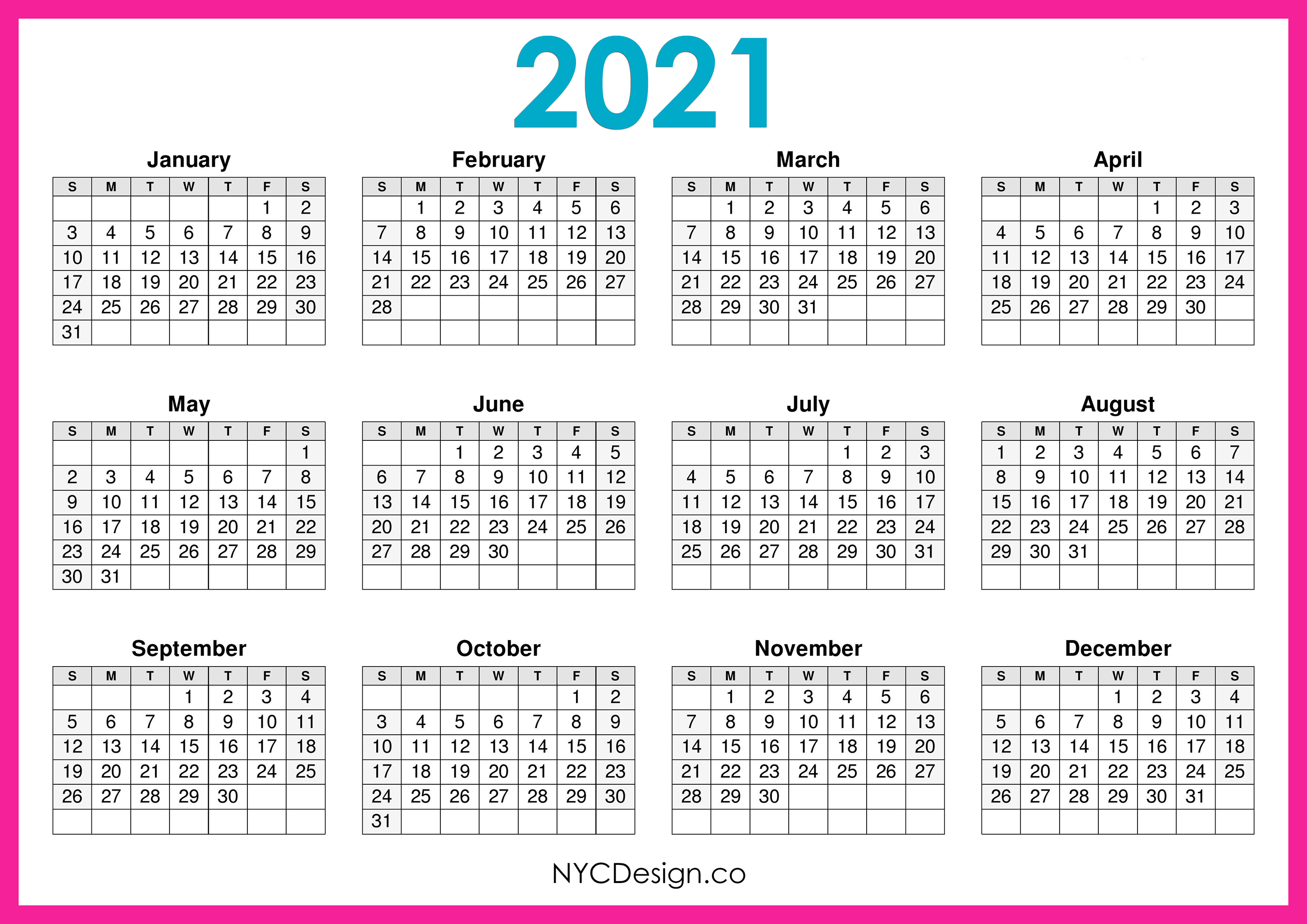 2021 Calendar Printable Free, Horizontal, Pink, HD ...