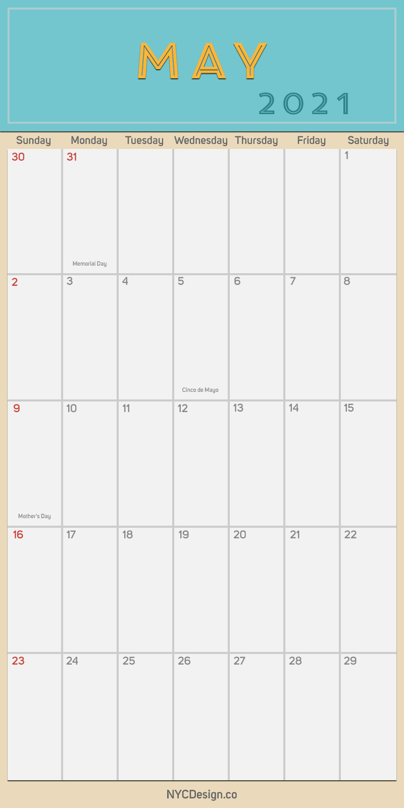 2021 May Monthly Calendar with Holidays, Printable Free