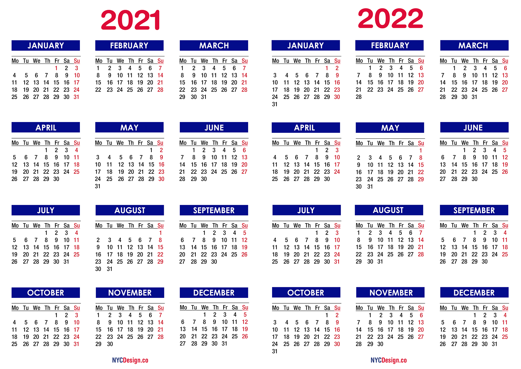 2021 - 2022 Two Year Calendar Printable Free, Blue ...