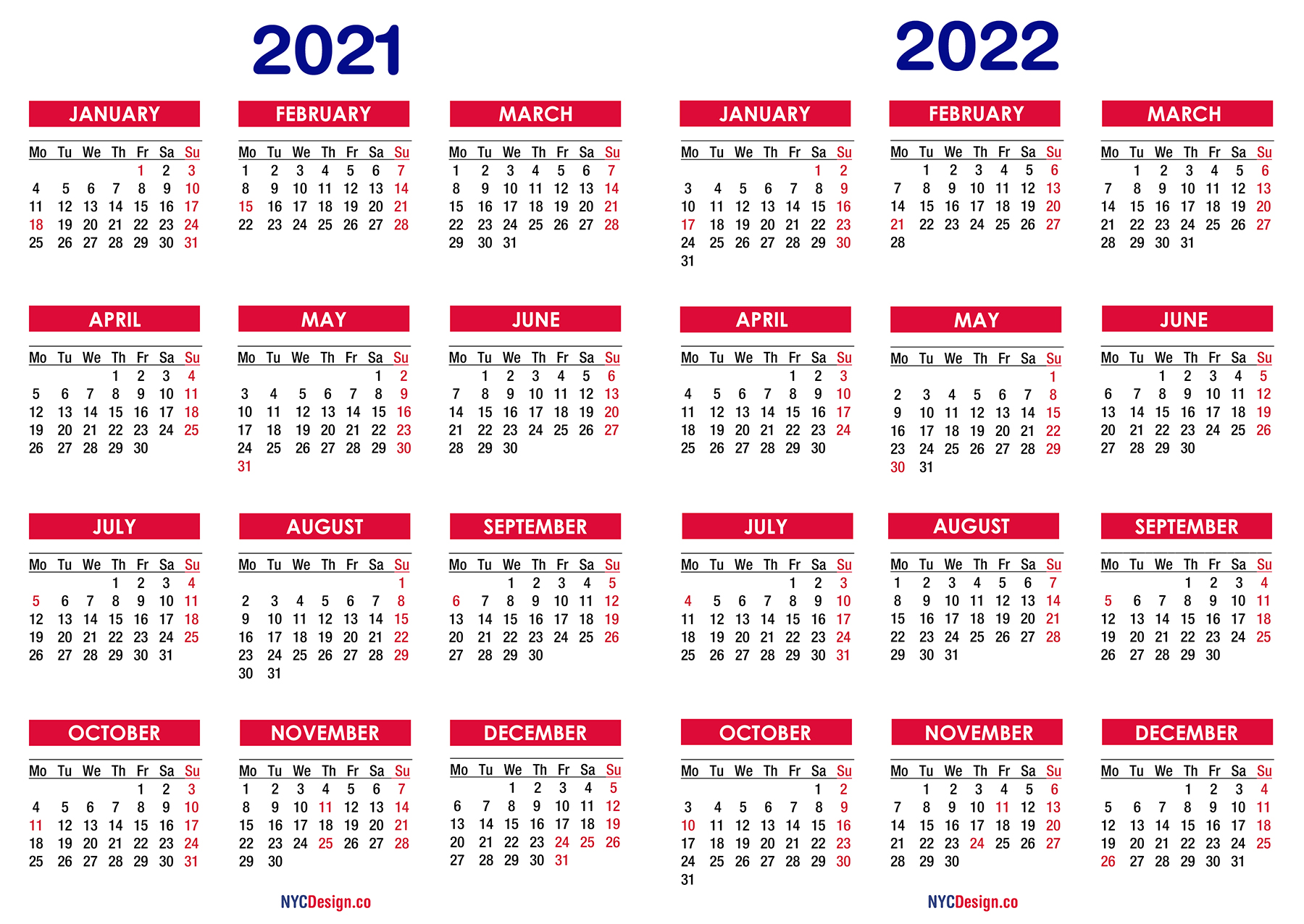 2021 - 2022 Two Year Calendar with Holidays, Printable ...
