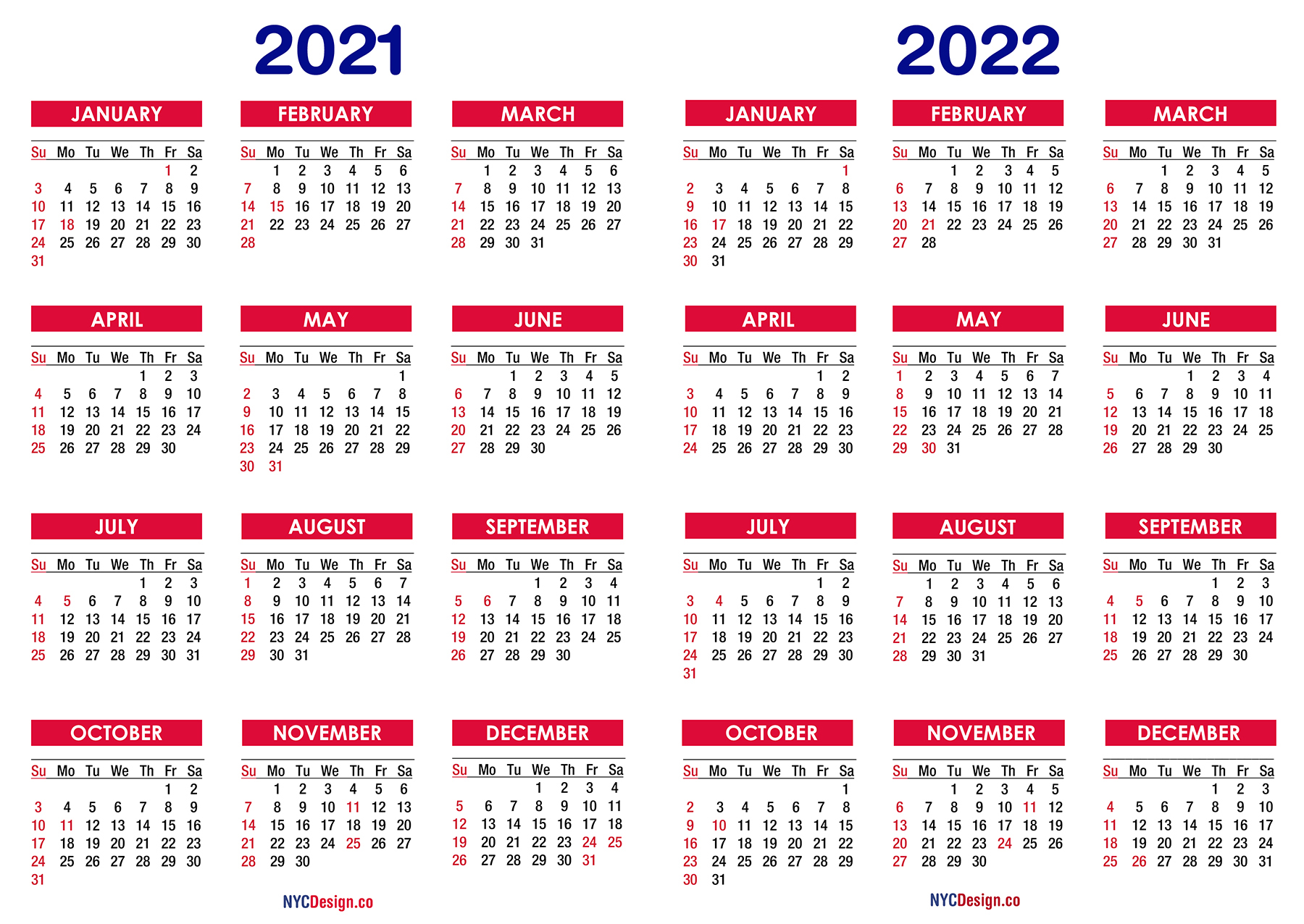 2021 2022 Two Year Calendar With Holidays Printable Free Nycdesign