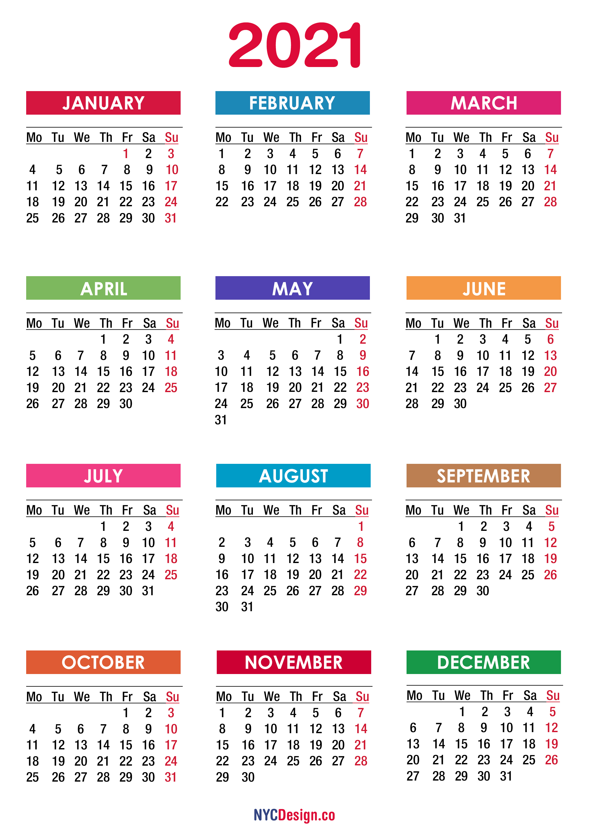 2021 Calendar Printable Free, PDF, Colorful - Monday Start ...