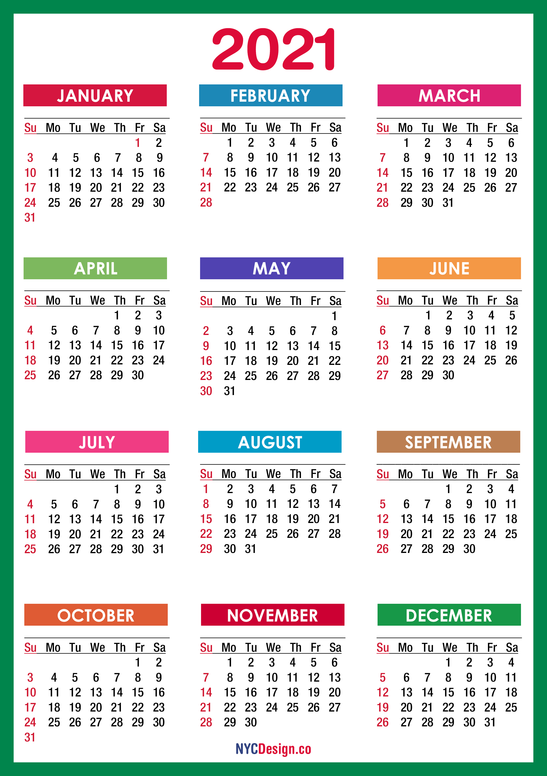 2021 Calendar Printable Free, PDF, Colorful, Blue, Green ...
