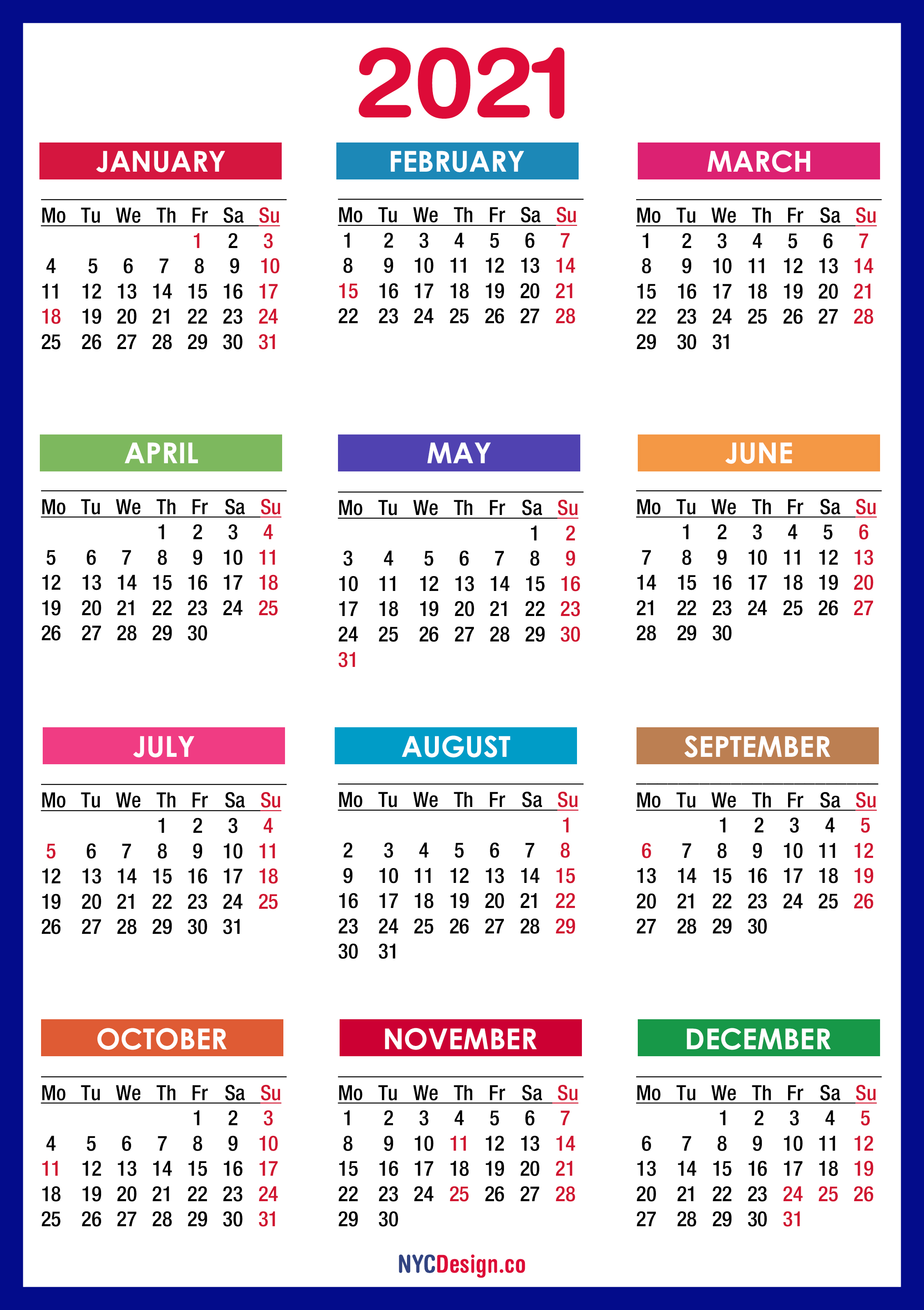 2021 Calendar With Holidays Printable Free Pdf Colorful Blue