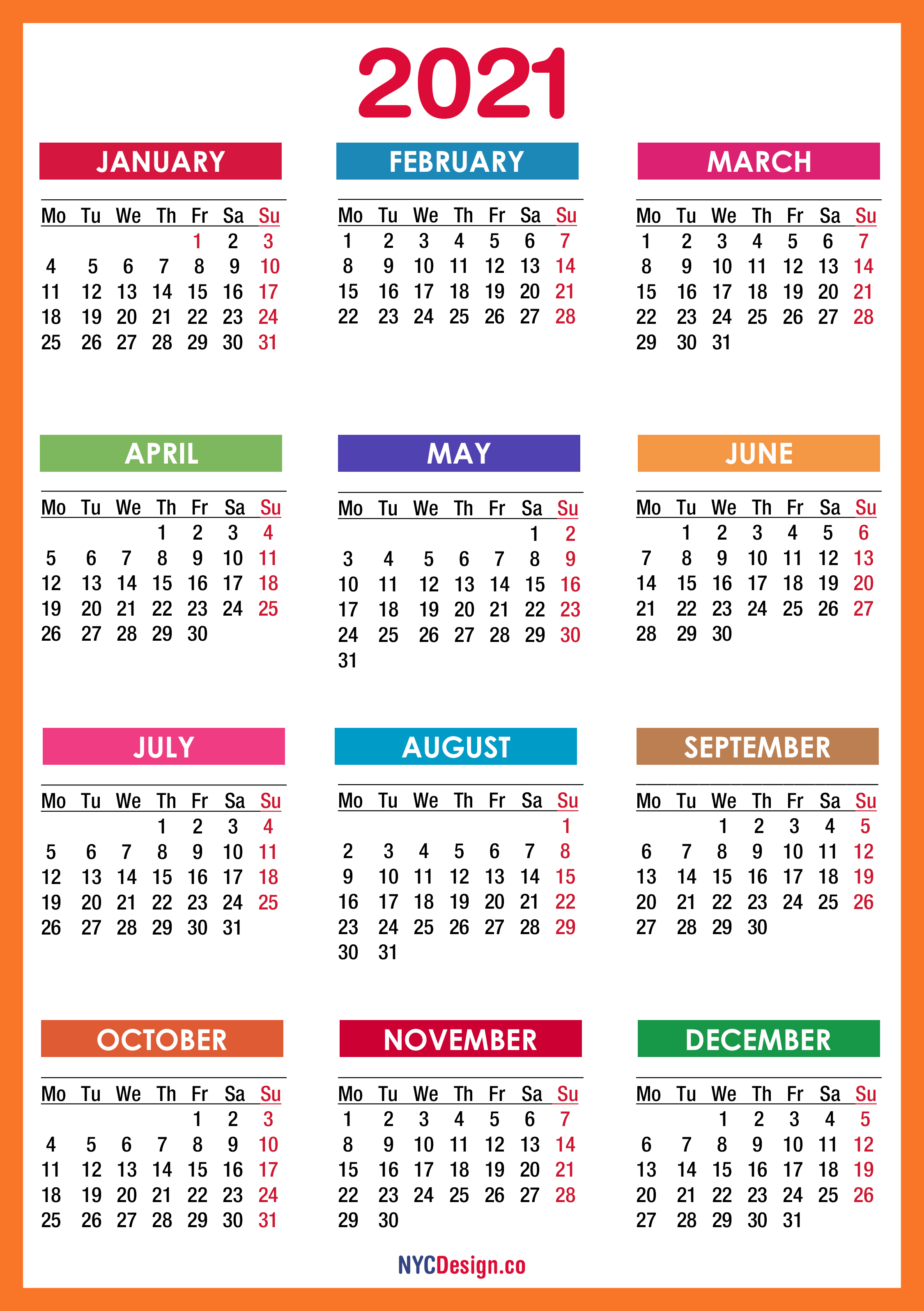 2021 Calendar Printable Free, PDF, Colorful, Red, Orange ...
