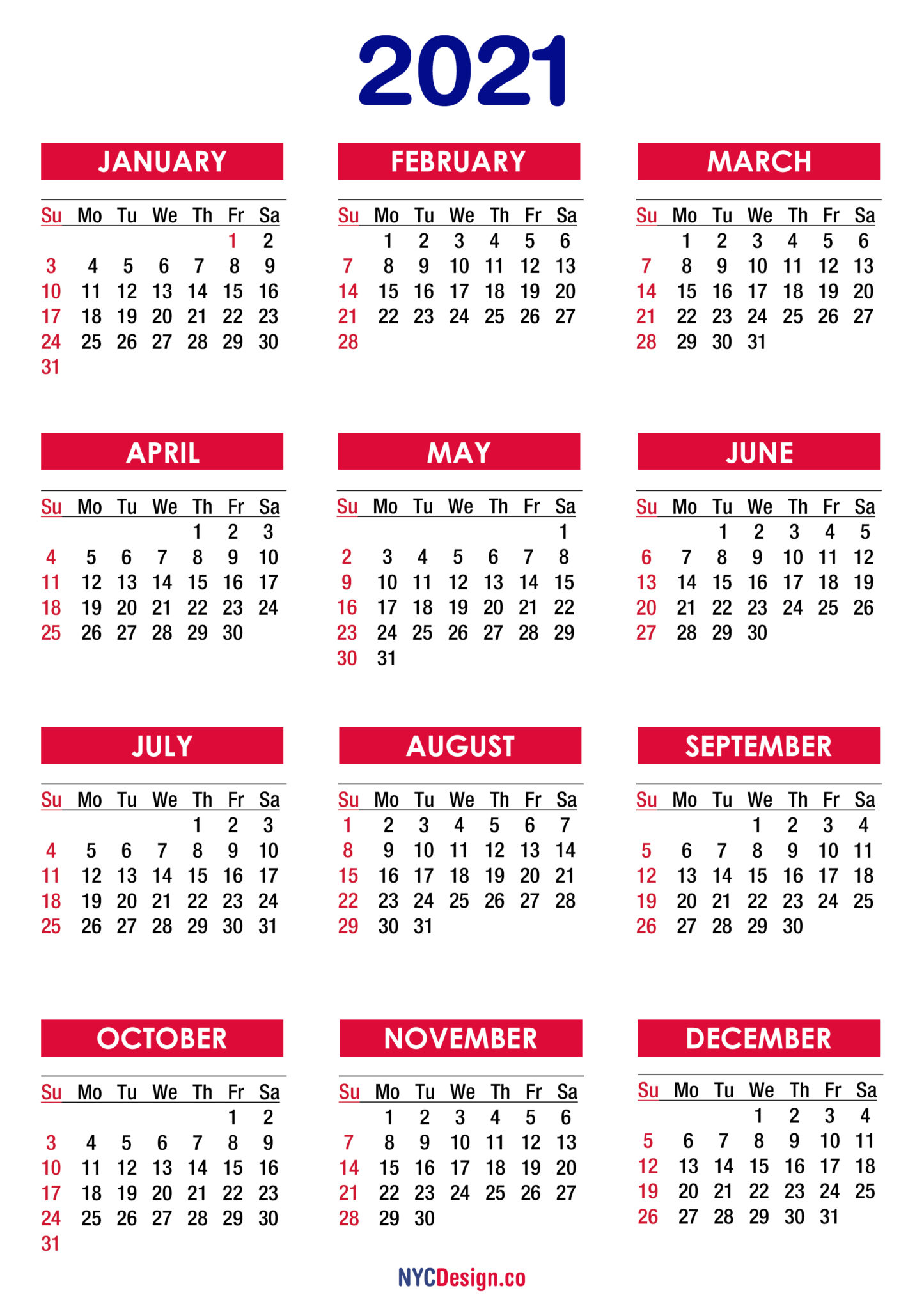 2021 Calendar Printable Free Pdf Colorful Sunday Start Nycdesign