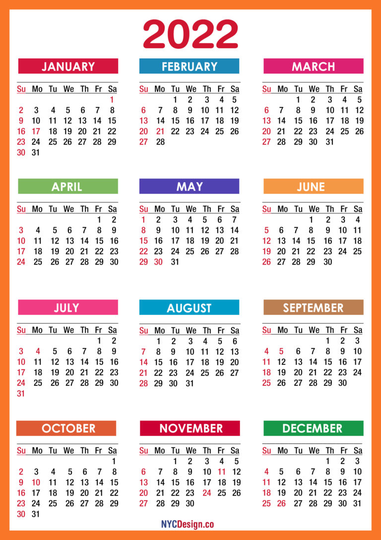 2022 Calendar with Holidays, Printable Free, PDF, Colorful – Sunday