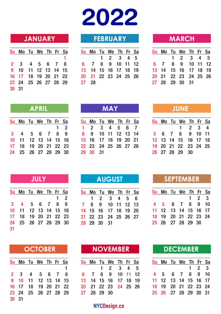 2022 calendar with holidays printable free pdf colorful
