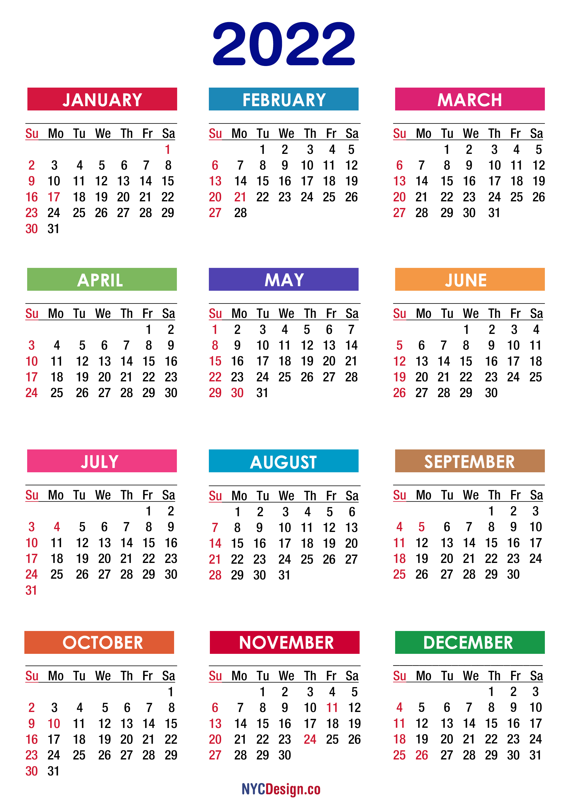 2022 Calendar with Holidays, Printable Free, PDF, Colorful ...