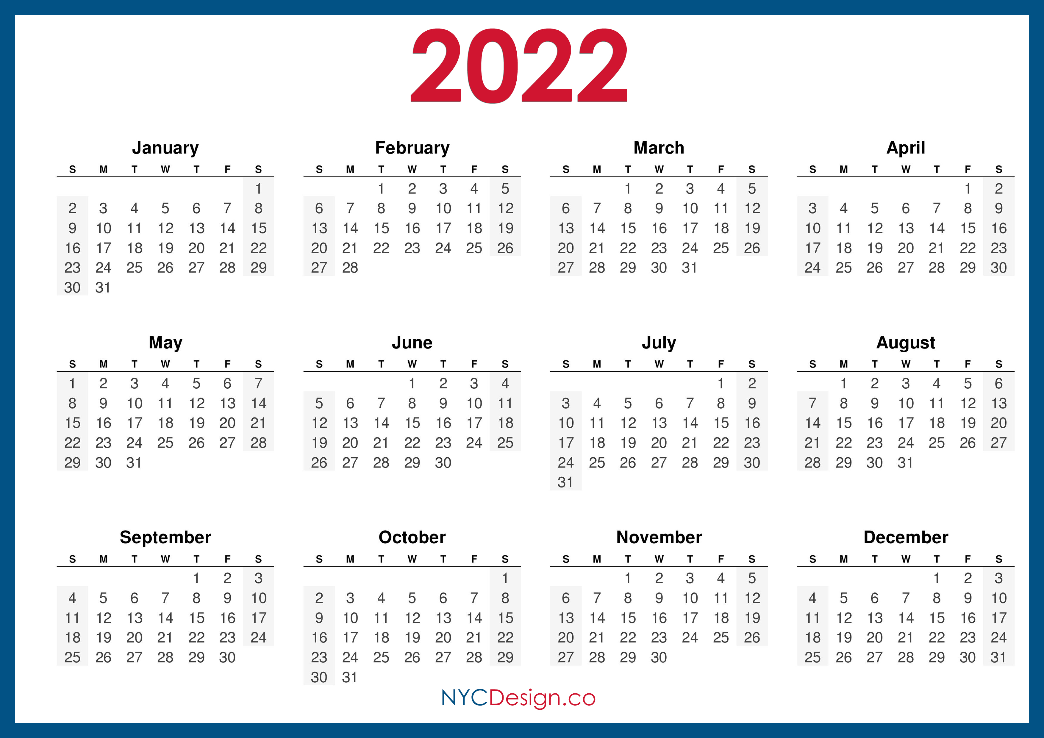 2022 Calendar Printable Free Horizontal Blue HD Sunday Start 