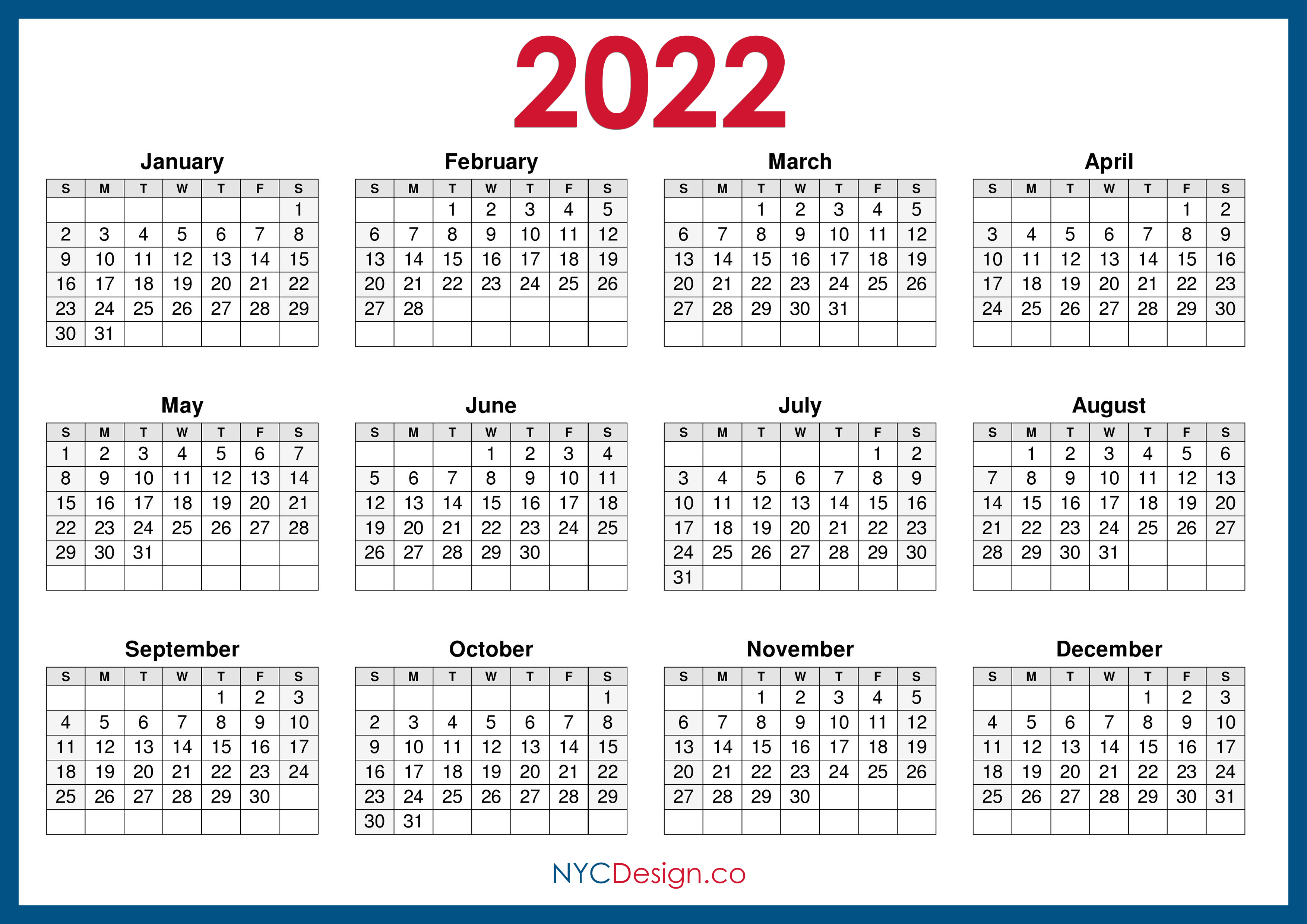  2022 Calendar Printable Free  Horizontal Blue HD 