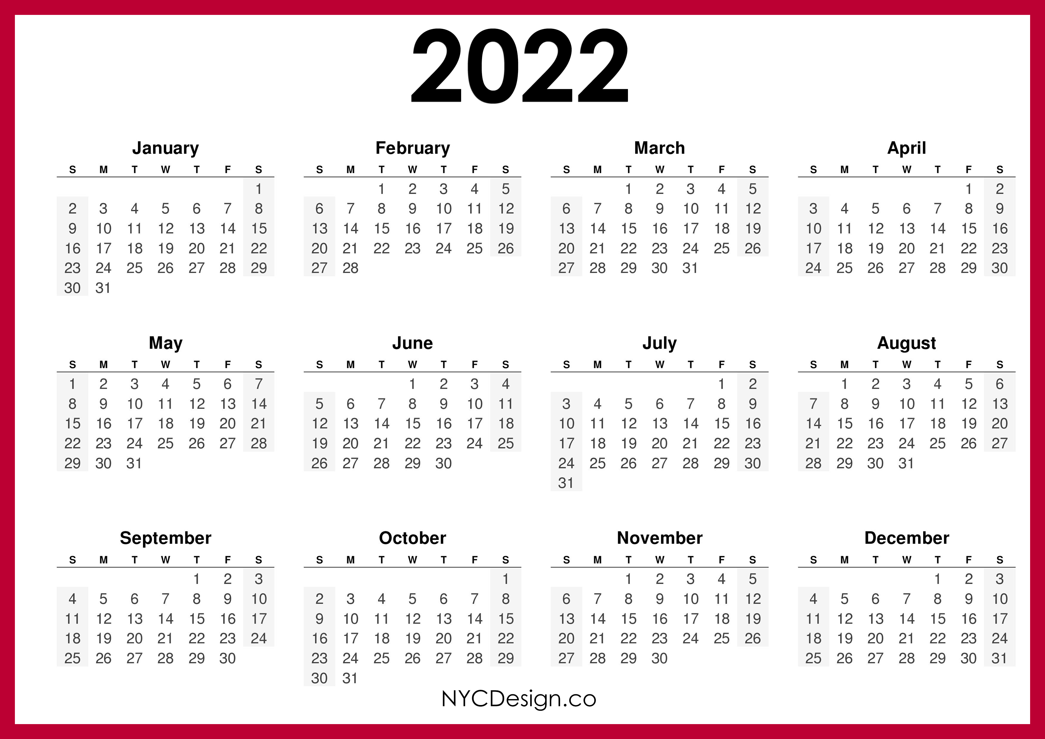 2022 Calendar Printable Free Horizontal Red HD Sunday Start 