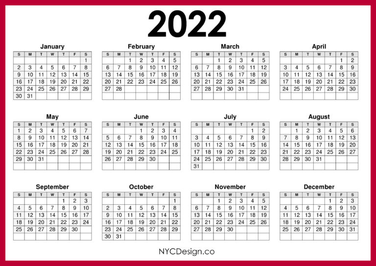 2022 Calendar Printable Free Horizontal Red Hd Sunday Start