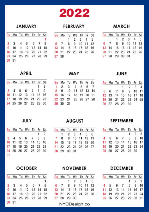 2022 calendar printable a4 paper size blue sunday start
