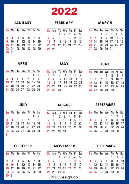 2022 Calendar with US Holidays, Printable – A4 Paper Size, Blue
