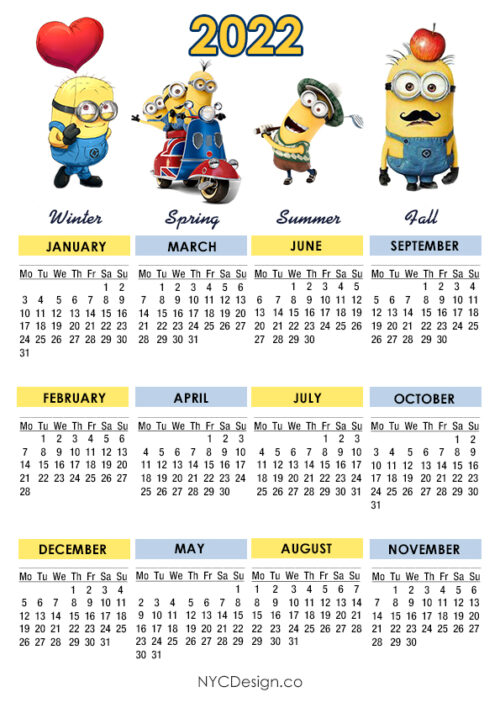 2022 Calendar Printable A4 Paper Size Minions Calendar Monday