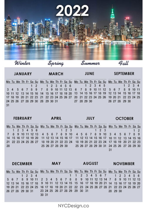 2022 Calendar Printable A4 Paper Size New York Calendar Monday