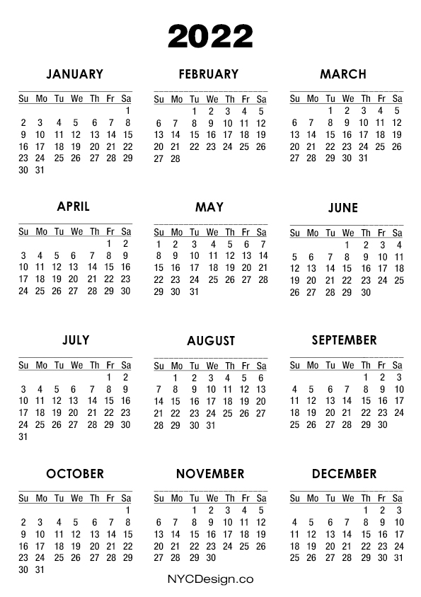 2022 Calendar Printable A4 Paper Size White Sunday Start