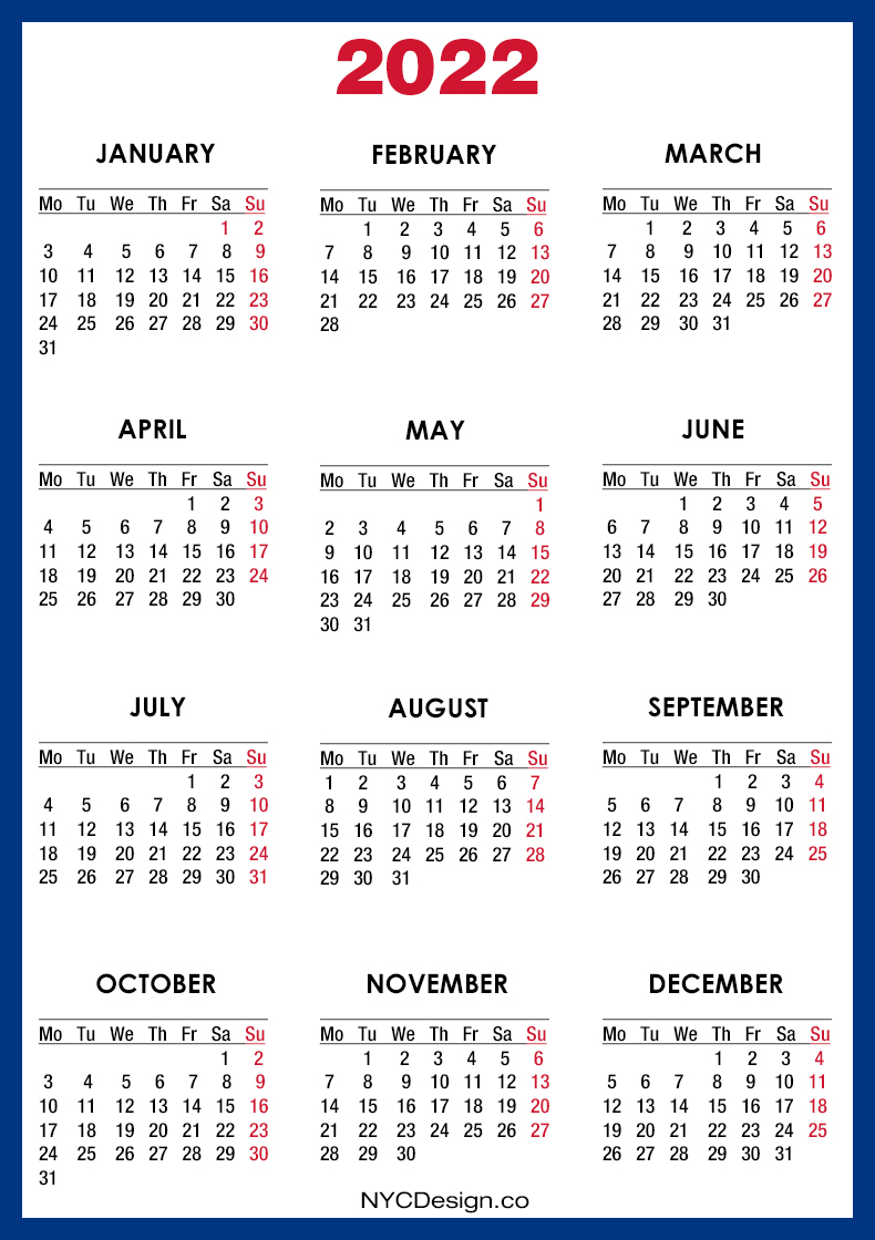 2022 Calendar Printable Free, Blue Monday Start