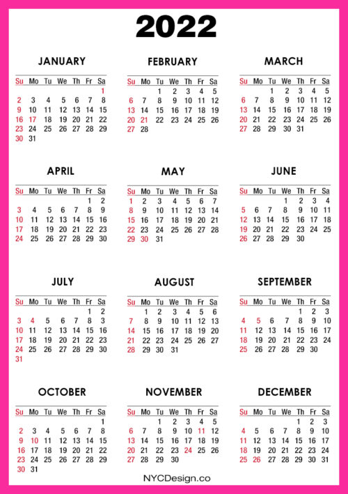 2022 Calendar With Us Holidays Printable Free Pink Sunday Start