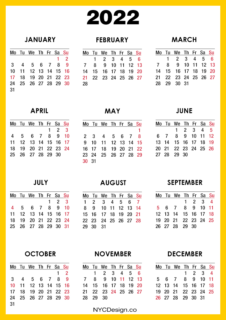 2022 calendar with us holidays printable free orange yellow monday
