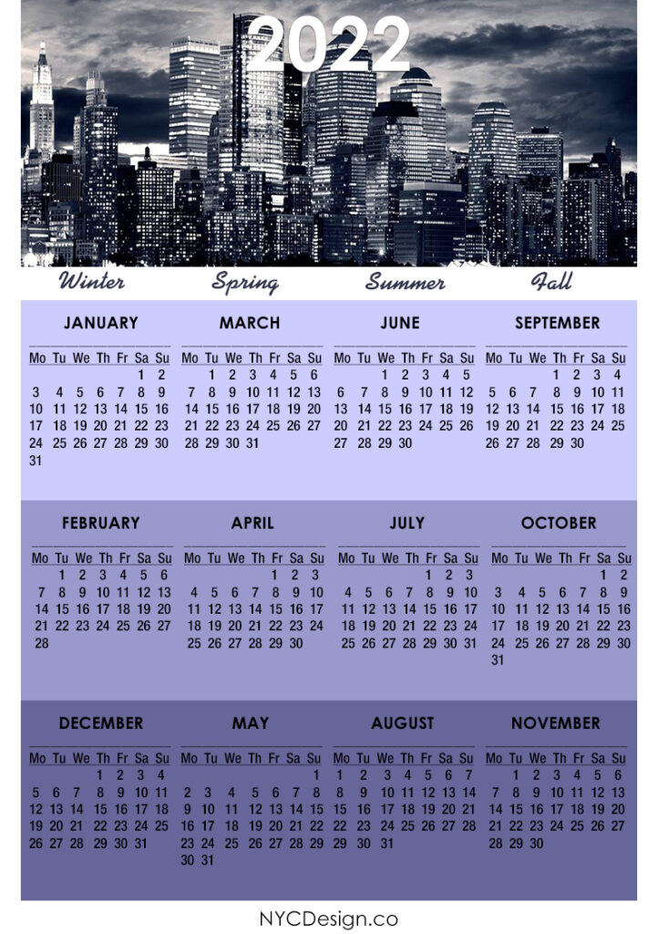 2022 Calendar Printable Free, Nyc Calendar – Monday Start – Nycdesign.co | Calendars Printable Free