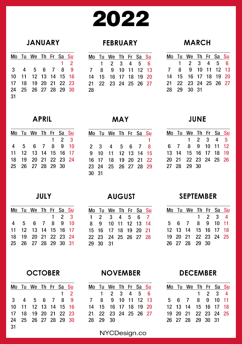 2022 Calendar Printable Free Red Monday Start