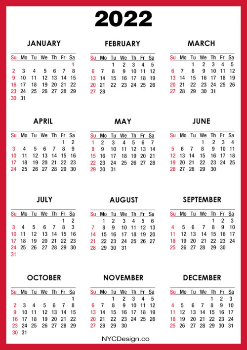 2022 Calendar Printable Free Red Sunday Start