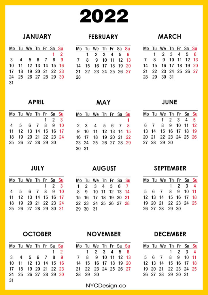 2022 calendar printable free orange yellow monday start nycdesign