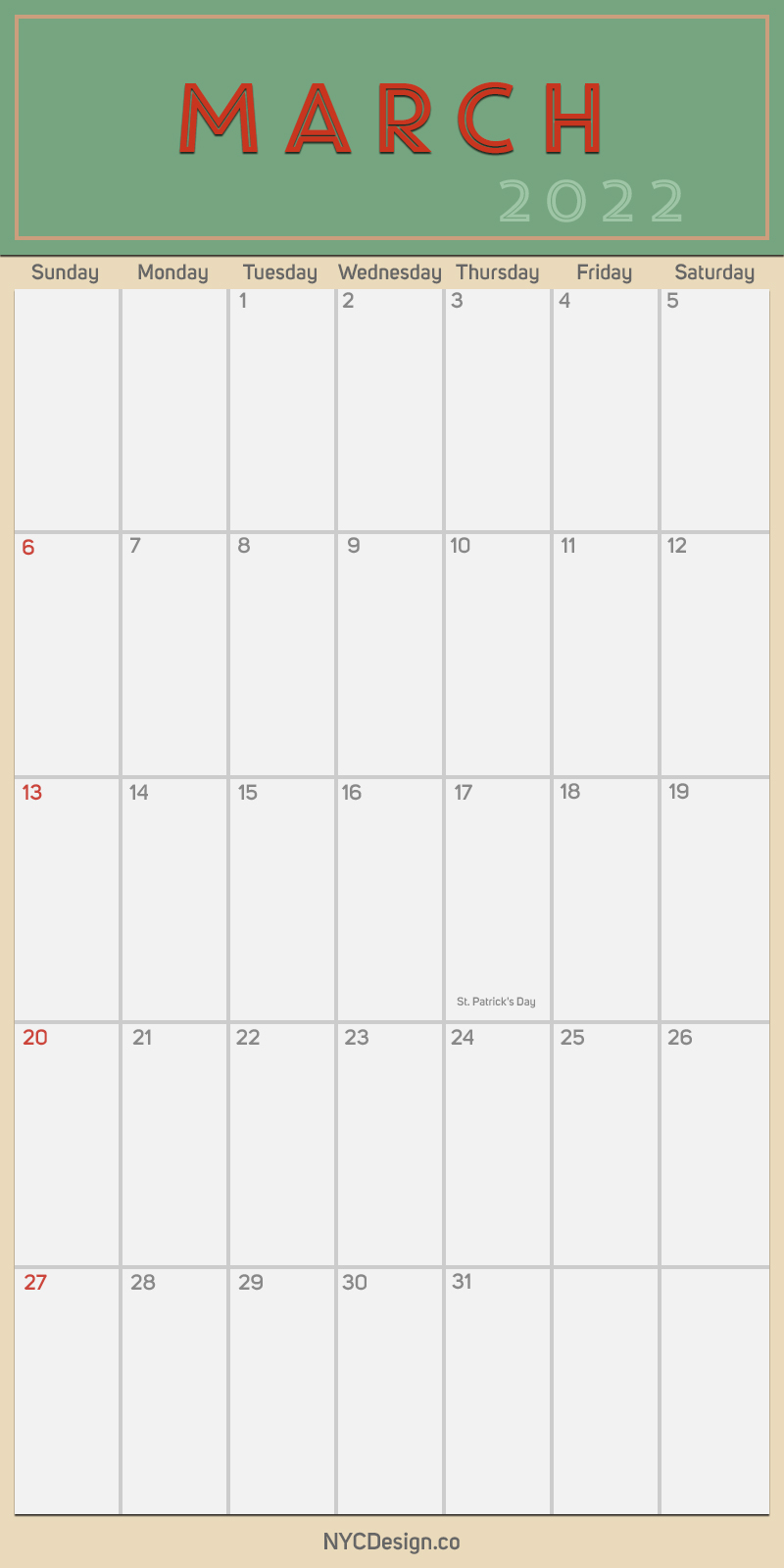 2022 march monthly calendar planner printable free