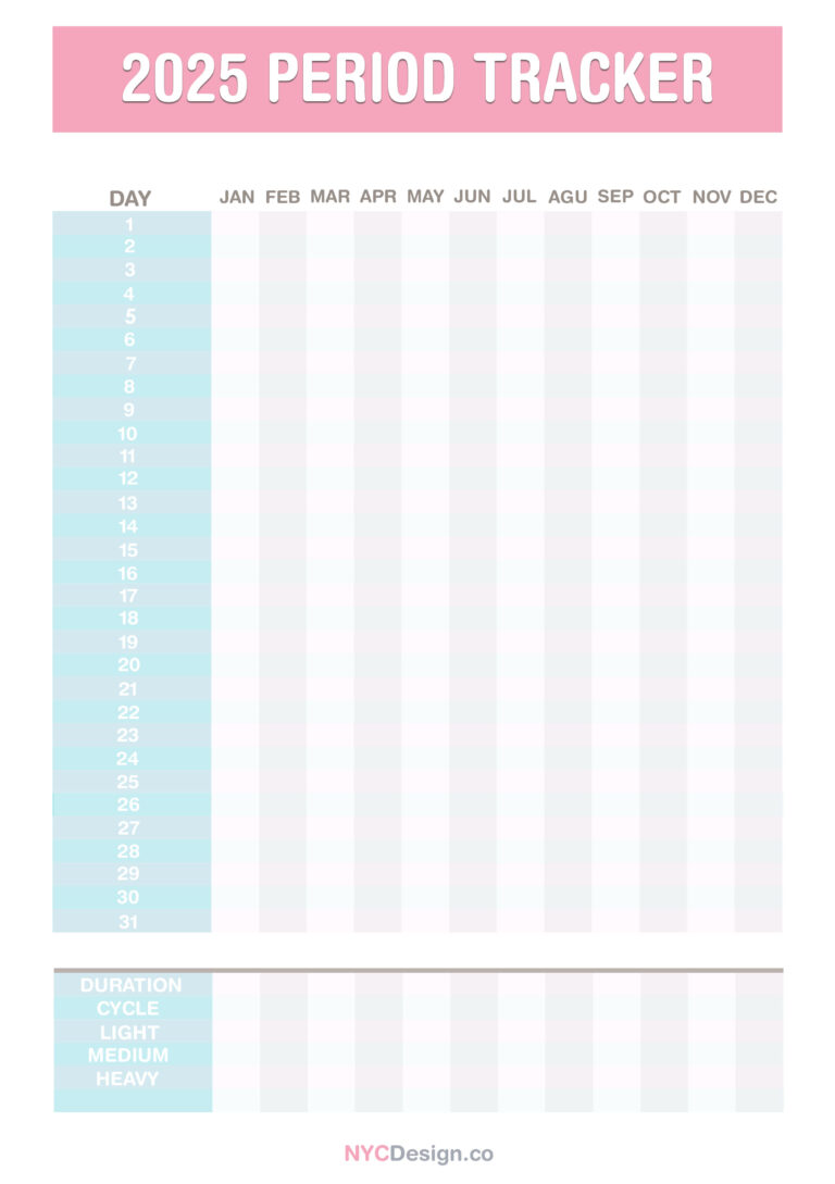 2025 Period Tracker Calendar, Printable, Free Pink, Turquoise