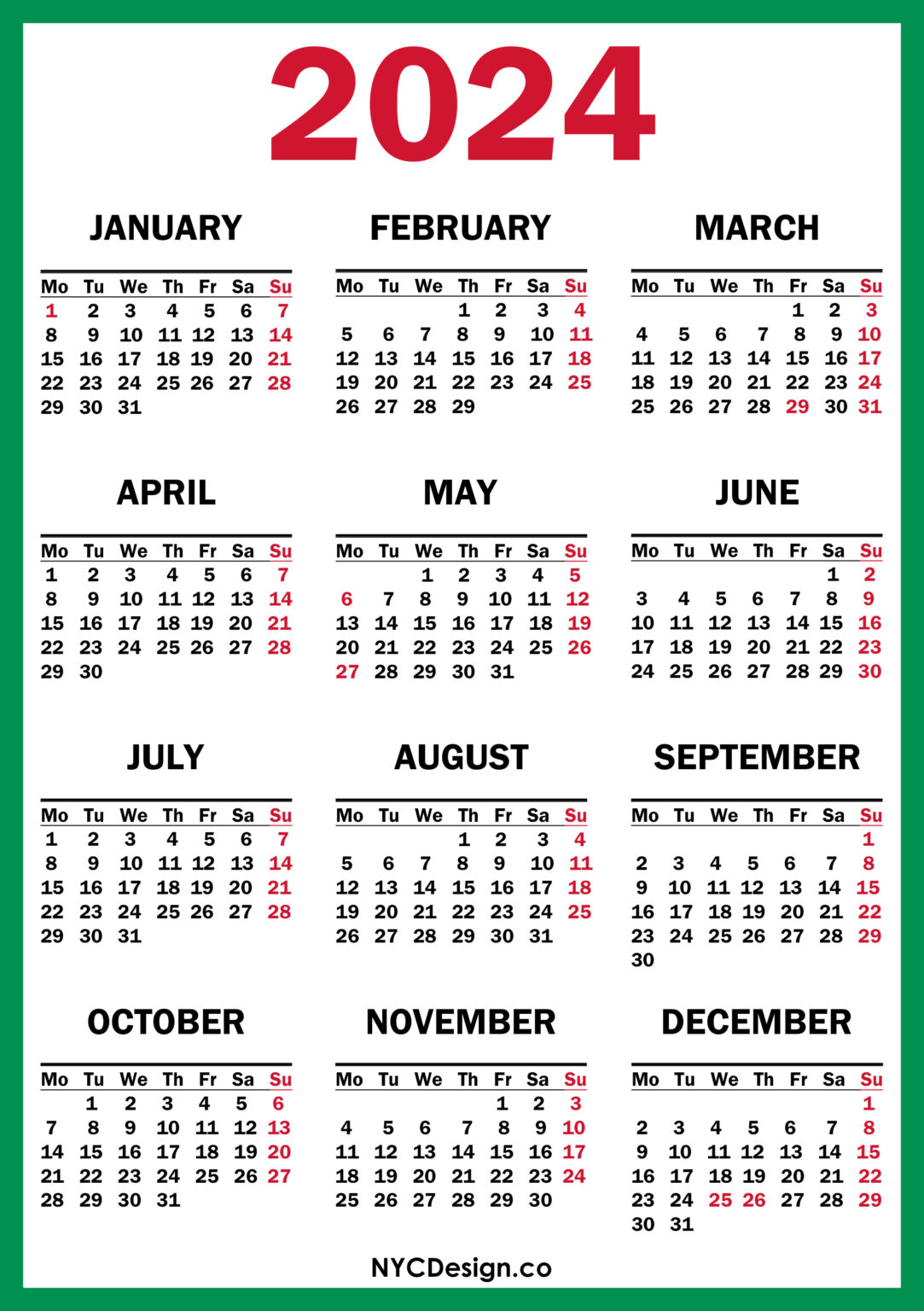 2024 Calendar with UK Holidays, Printable Free, Green, Red NYCDesign