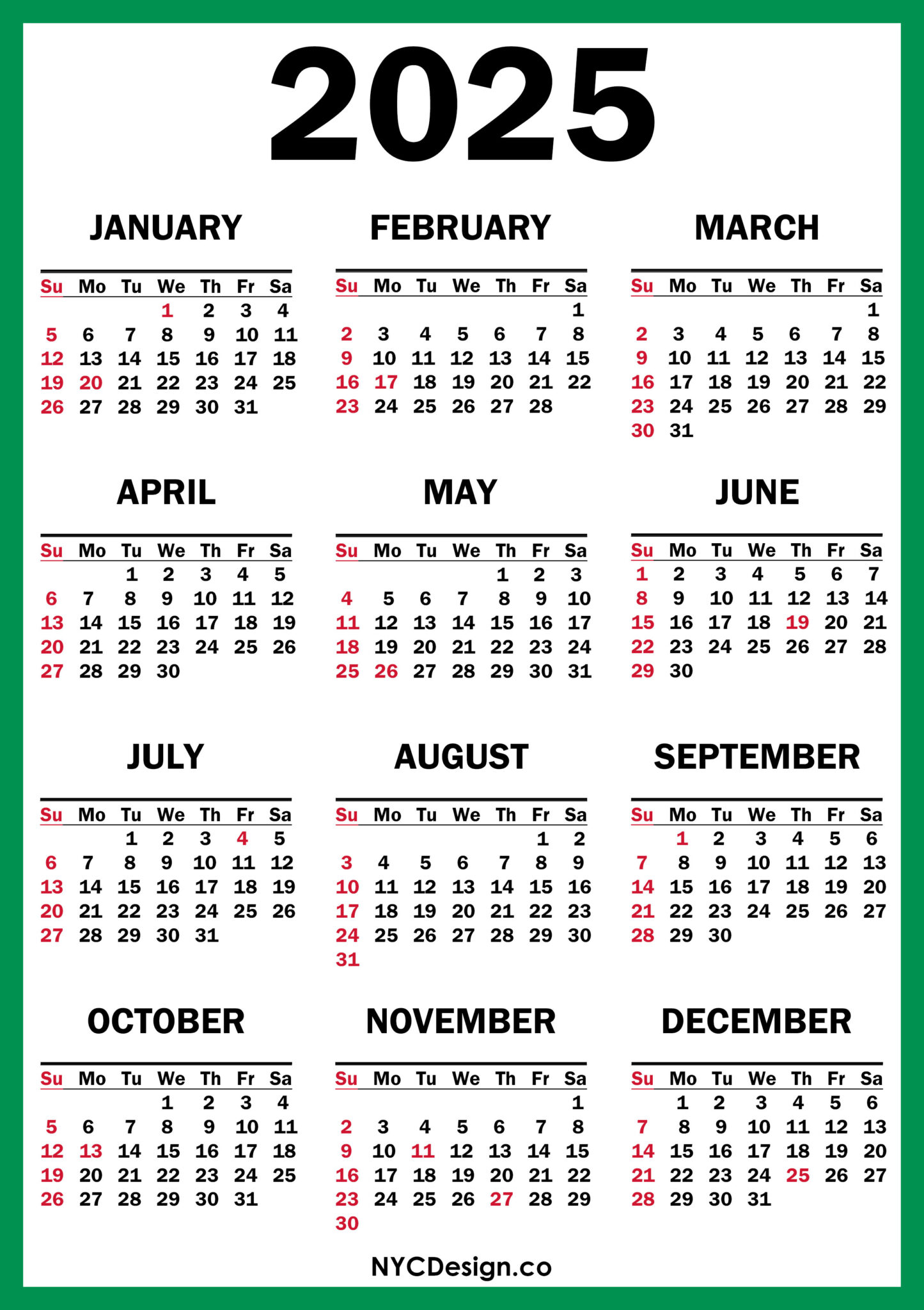 2025 Calendar With Us Holidays Printable Free Green Red Sunday
