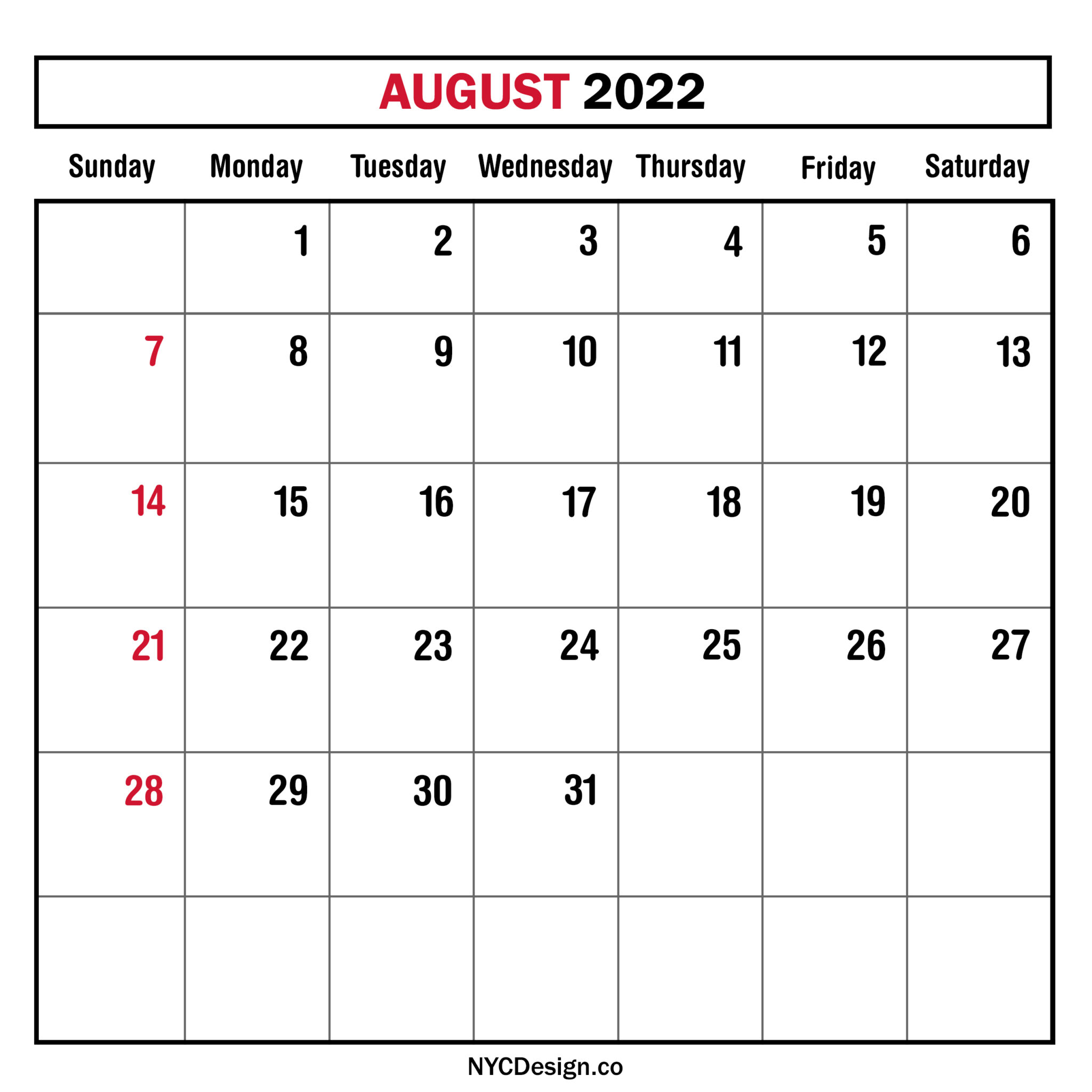 August 2022 Monthly Calendar, Planner, Printable Free Sunday Start