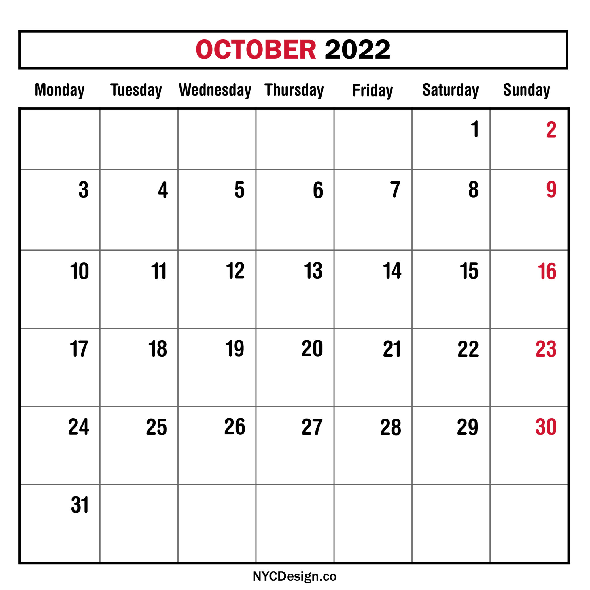 October 2022 Monthly Calendar, Planner, Printable Free Monday Start